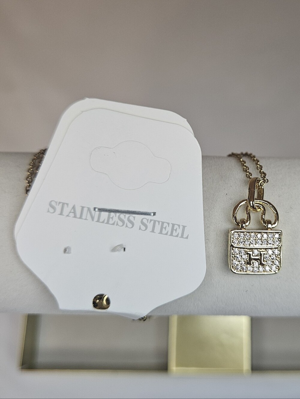 Gold-tone Purse Pendant Necklace with Crystal Accents NWT Stainless Steel - Picture 4 of 7